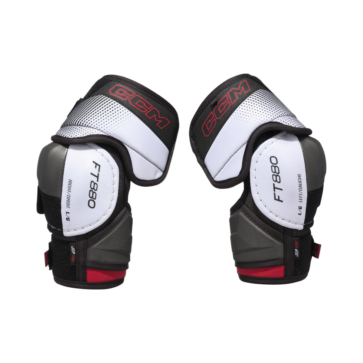 Coudières de hockey CCM JETSPEED FT880 junior, blanches et noires, paire vue de l'extérieur avec inscription FT880