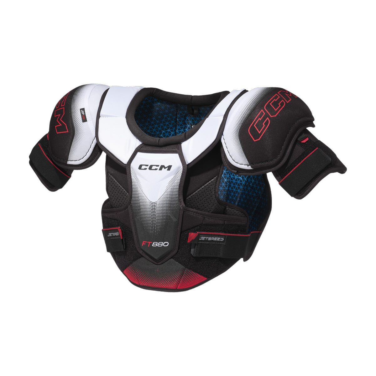 Épaulettes de hockey CCM JETSPEED FT880 senior, blanches et noires, vue de face avec logo CCM