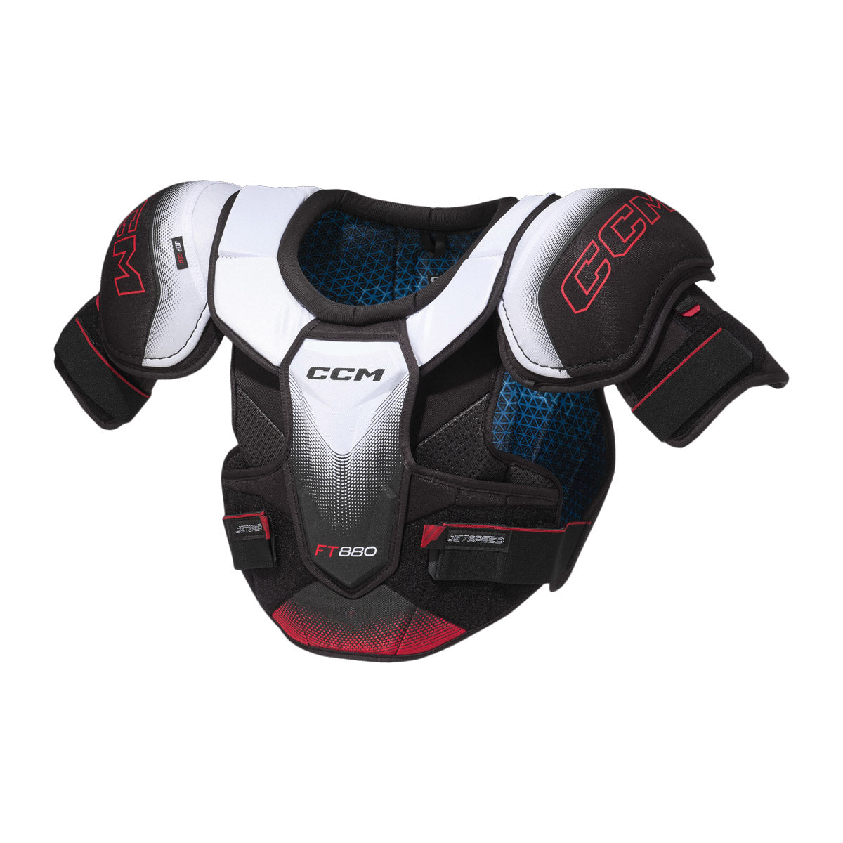 Épaulettes de hockey CCM JETSPEED FT880 junior, blanches et noires, vue de face avec logo CCM
