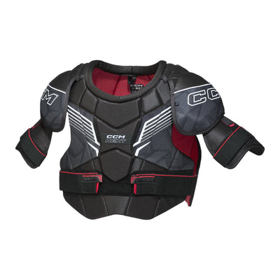 Épaulettes de hockey CCM NEXT pour adultes, vue de face avec logo CCM NEXT, coques d'épaule et sangles de ceinture