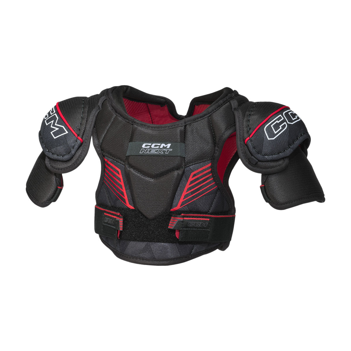 Épaulettes de hockey CCM Next 26 pour petits enfants, noir, plastron avec lignes rouges, logo CCM NEXT et courroies