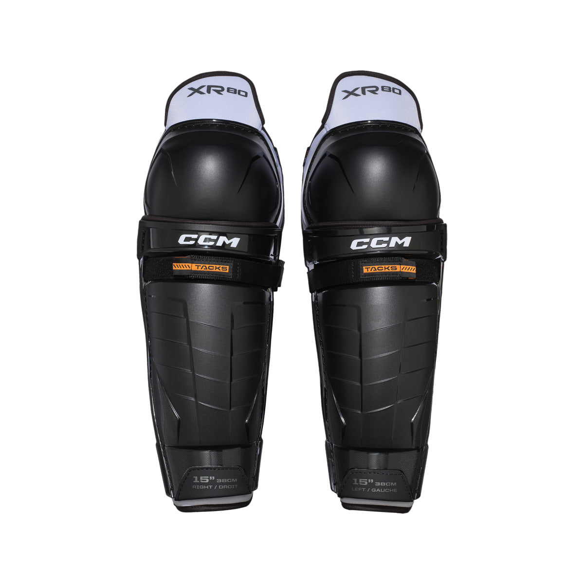 Jambières de hockey CCM TACKS XR80 pour adultes, noires, vue de face de la paire avec coques de genou et sangles