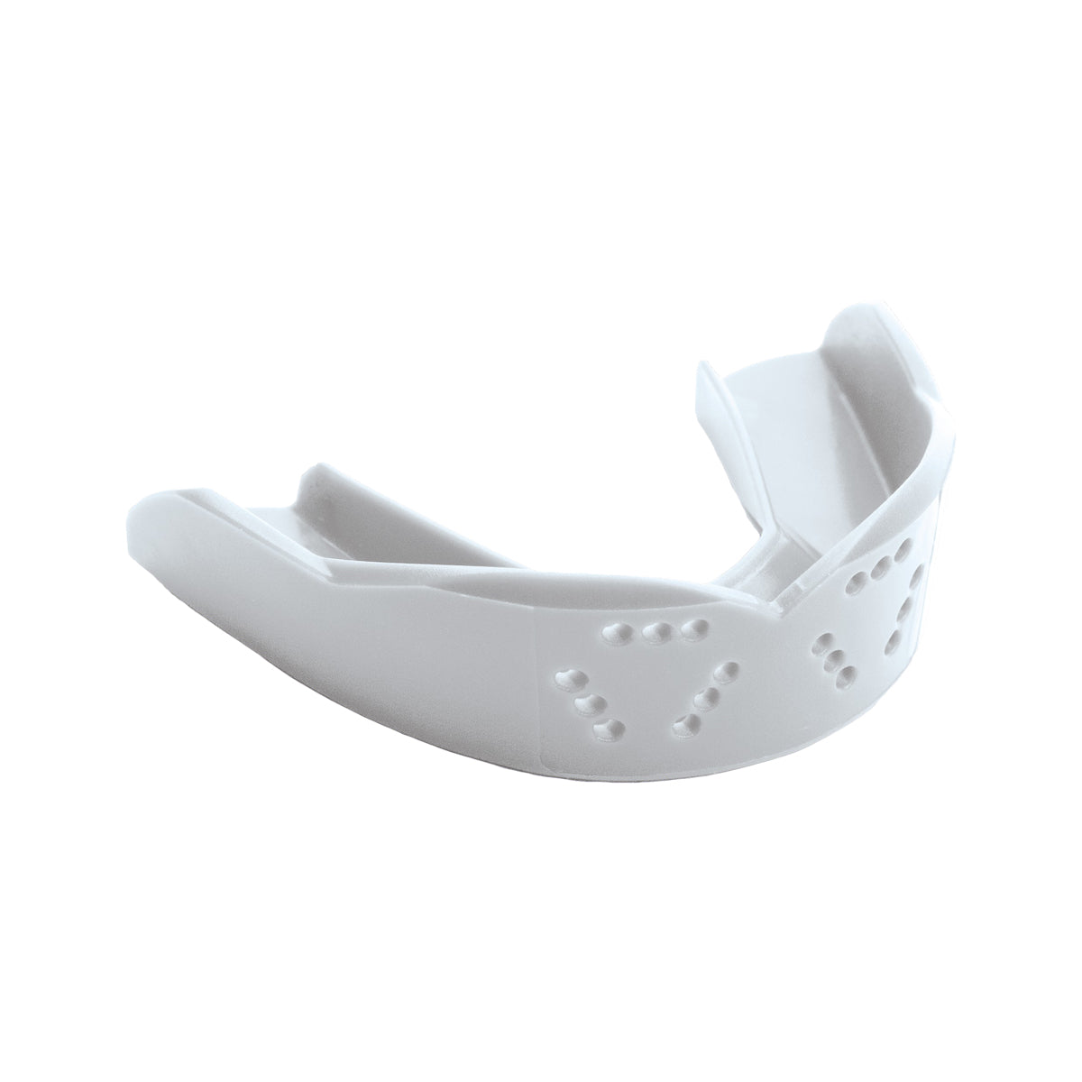 Protège-dents de hockey CCM SISU 3D pour adultes, blanc, vue de trois quarts avec motif de points en relief