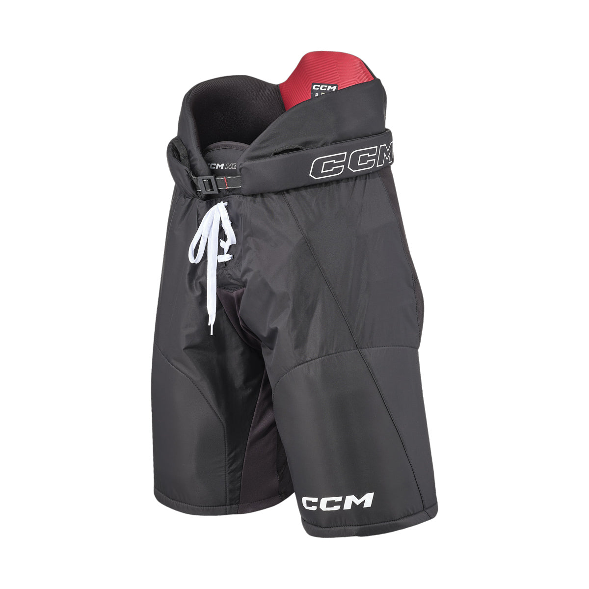 Pantalons de hockey CCM NEXT 26 pour adultes, noir, vue de trois quarts de face avec lacets et ceinture