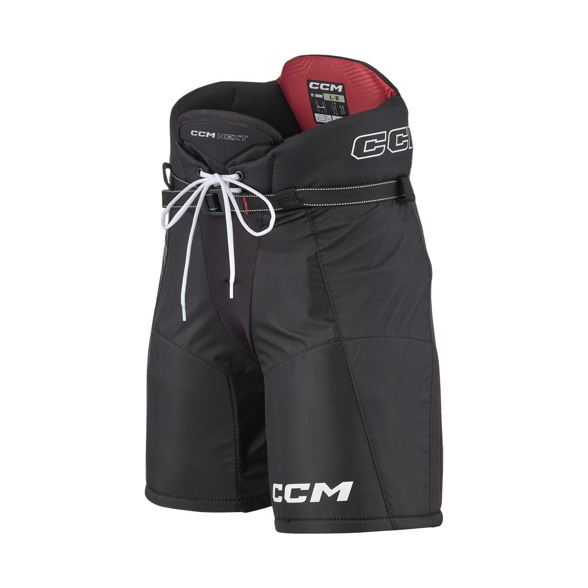 Pantalons de hockey CCM NEXT 26 pour juniors, noir, vue de trois quarts de face avec lacets et ceinture