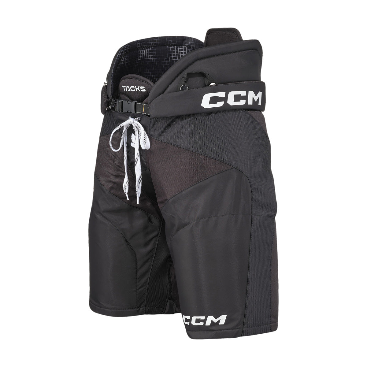 Pantalons de hockey CCM TACKS pour adultes, noir, vue de trois quarts de face avec lacets et ceinture