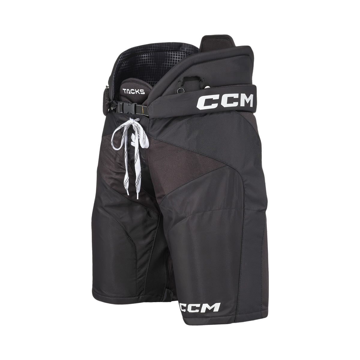 Pantalons de hockey CCM TACKS pour juniors, noir, vue de trois quarts de face avec lacets et ceinture