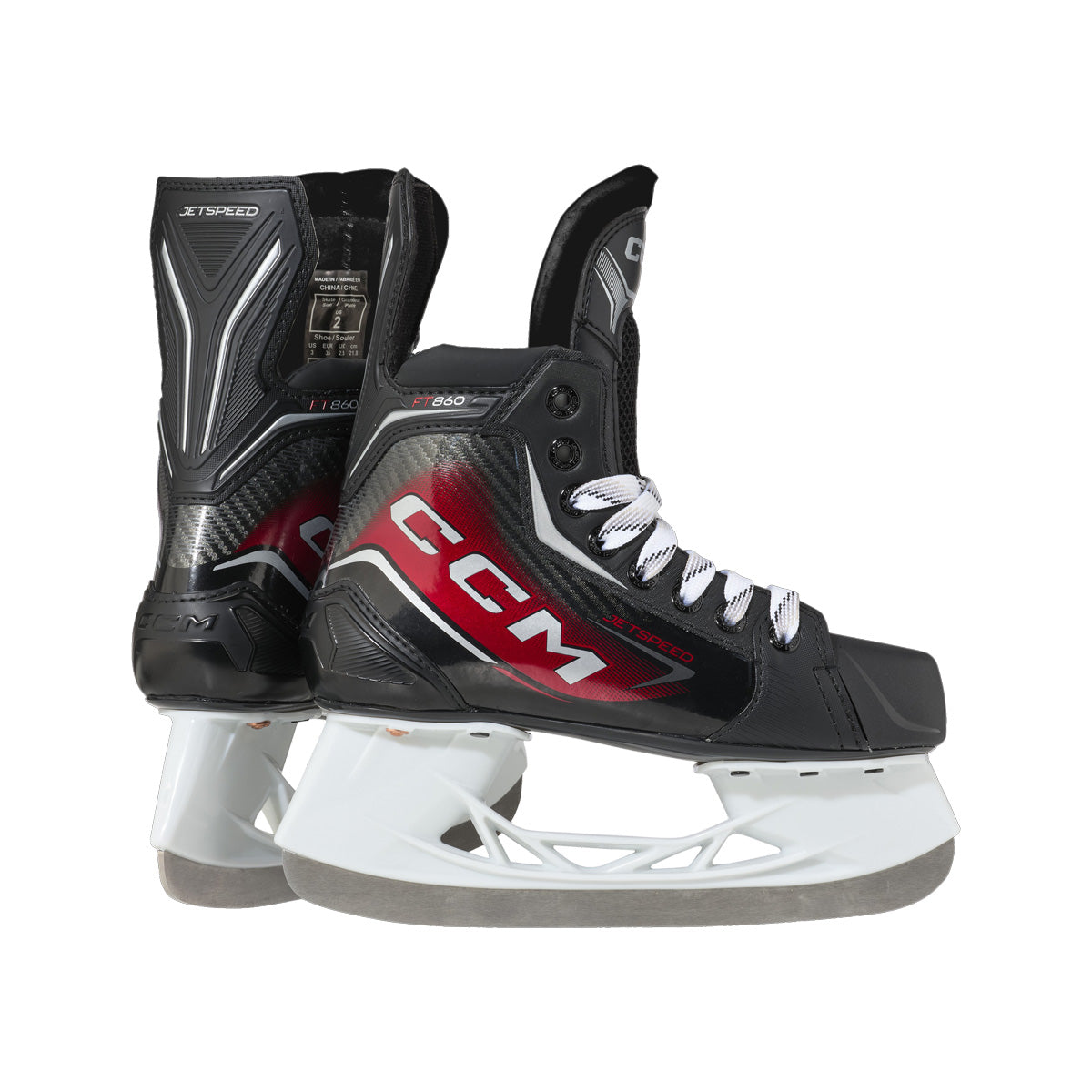 Paire de patins de hockey CCM JetSpeed FT860 noirs avec accents rouges pour juniors, vue de côté en trois quarts