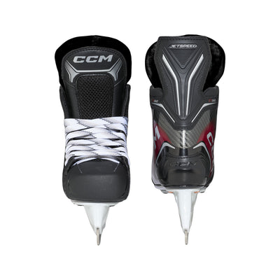 Patins de hockey CCM JetSpeed FT860 noirs pour juniors, vue de face et vue de dos des talons