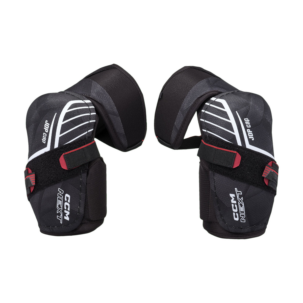 Coudières de hockey CCM Next 26 pour juniors, noir, paire avec coquille JDP cap, logo CCM NEXT et courroies à velcro