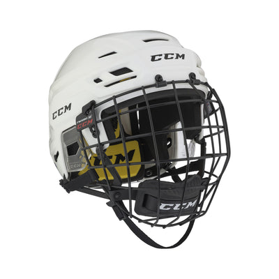 Casque de hockey CCM TACKS 210 Combo pour adultes, blanc, avec grille noire, vue de trois quarts
