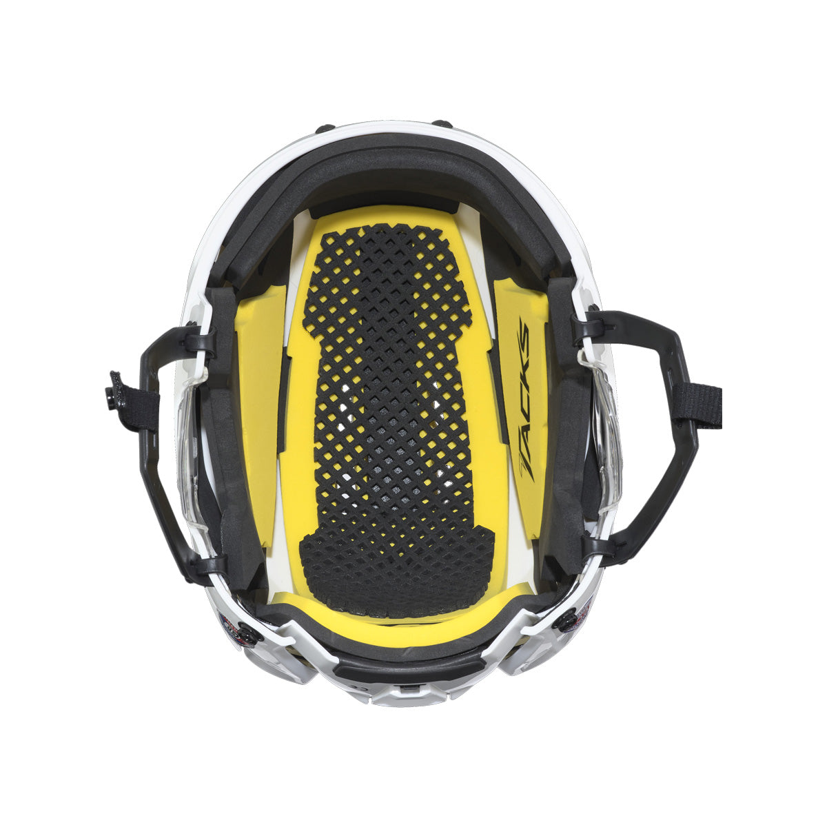 Casque de hockey CCM TACKS 210 Combo pour adultes, blanc, vue de l'intérieur avec mousses jaunes