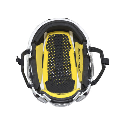 Casque de hockey CCM TACKS 210 Combo pour adultes, blanc, vue de l'intérieur avec mousses jaunes