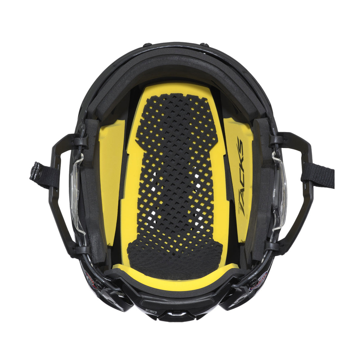 Casque de hockey CCM TACKS 210 Combo pour adultes, noir, vue de l'intérieur avec mousses jaunes