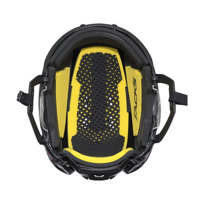 Casque de hockey CCM TACKS 210 Combo pour adultes, noir, vue de l'intérieur avec mousses jaunes