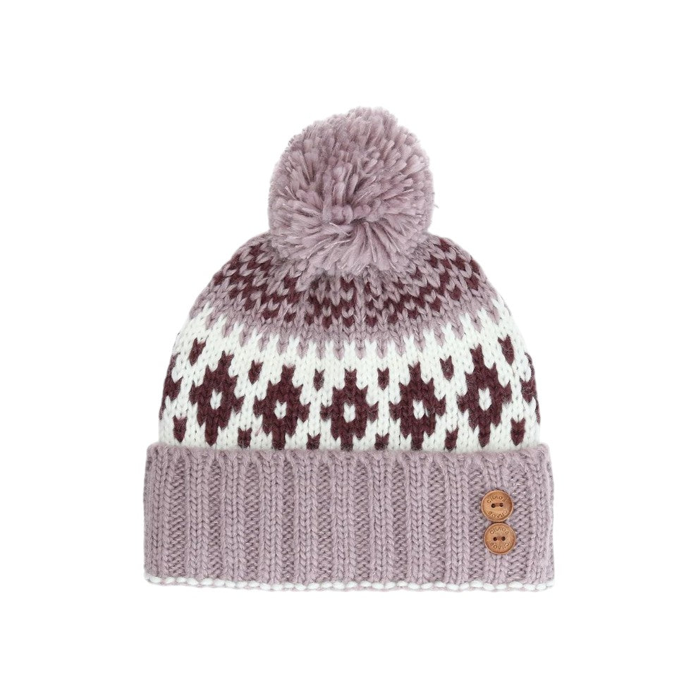 Tuque en tricot rose, blanche et rouge. Pompon sur le dessus.