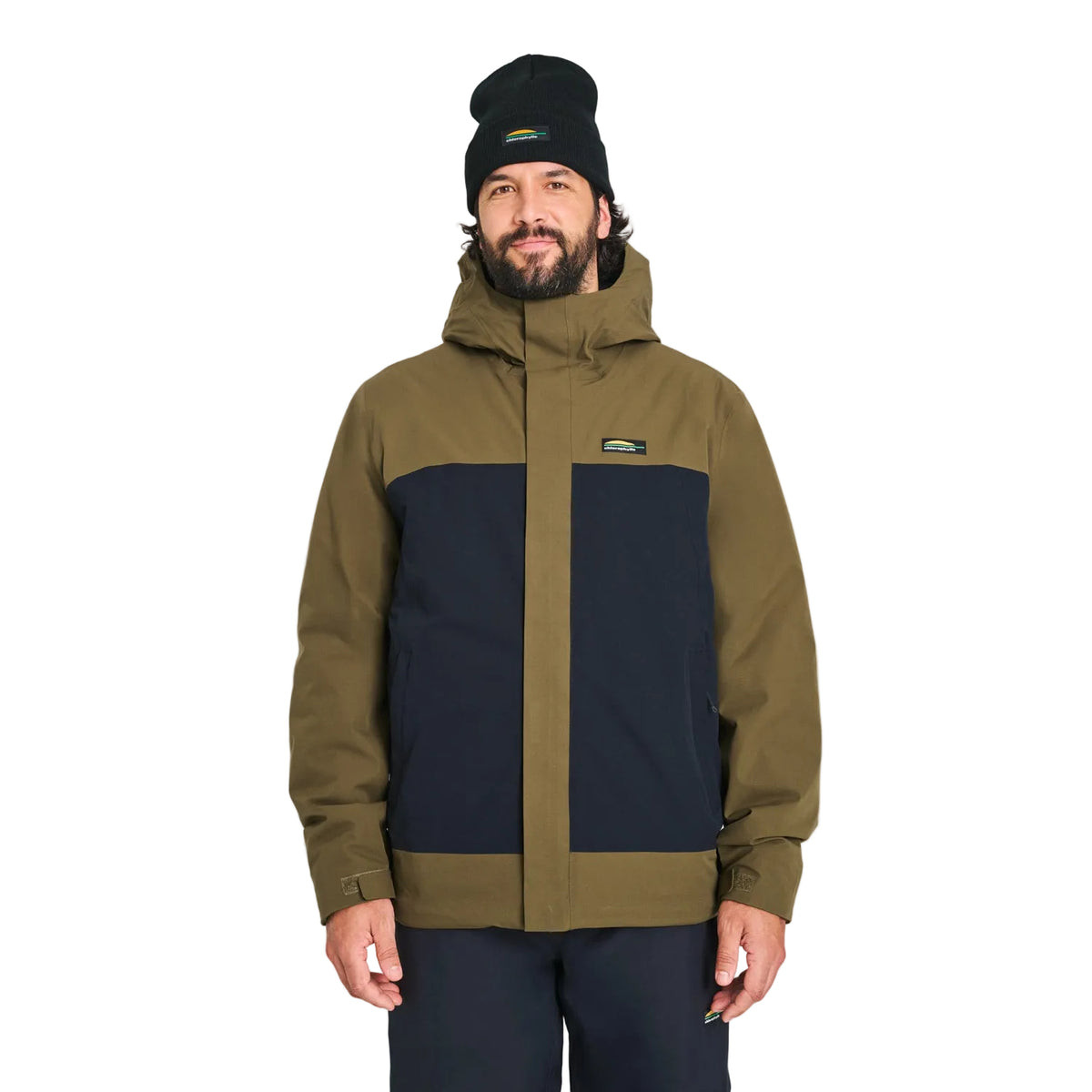 Manteau d'hiver Owen de Chlorophylle pour hommes, noir et vert, porté de face