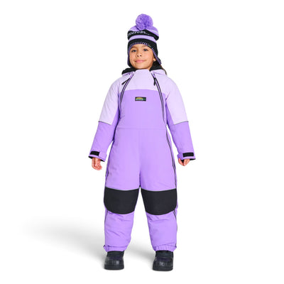 Habit de neige une pièce Chlorophylle Cricket lilas pour petits enfants, vue de face avec genoux noirs renforcés