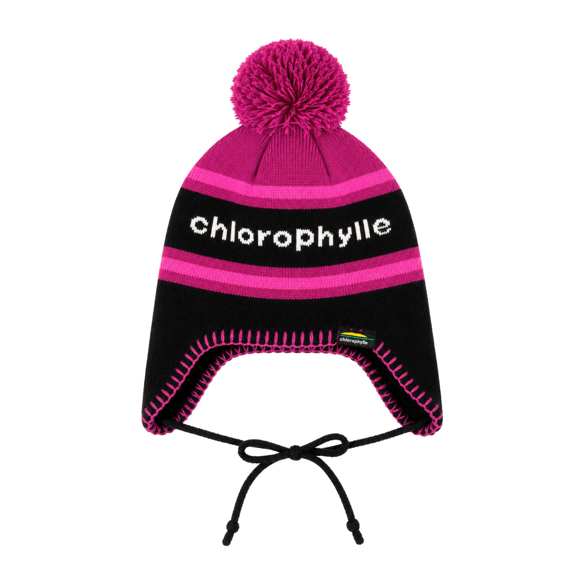 Tuque Chlorophylle CRICKET pour petits enfants, avec pompon, oreillettes et cordons, vue de face