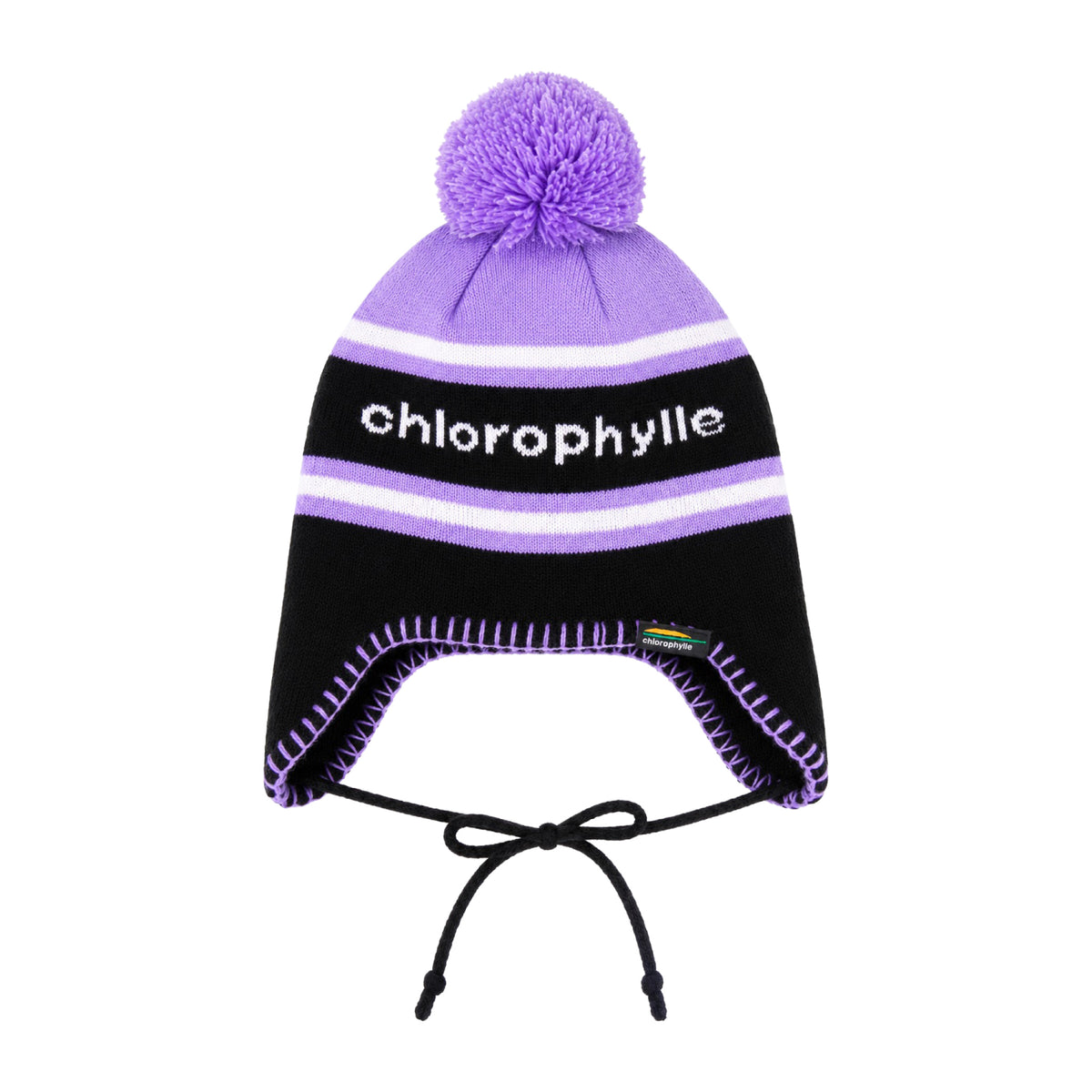 Tuque Chlorophylle CRICKET pour petits enfants, lilas, avec pompon, oreillettes et cordons, vue de face