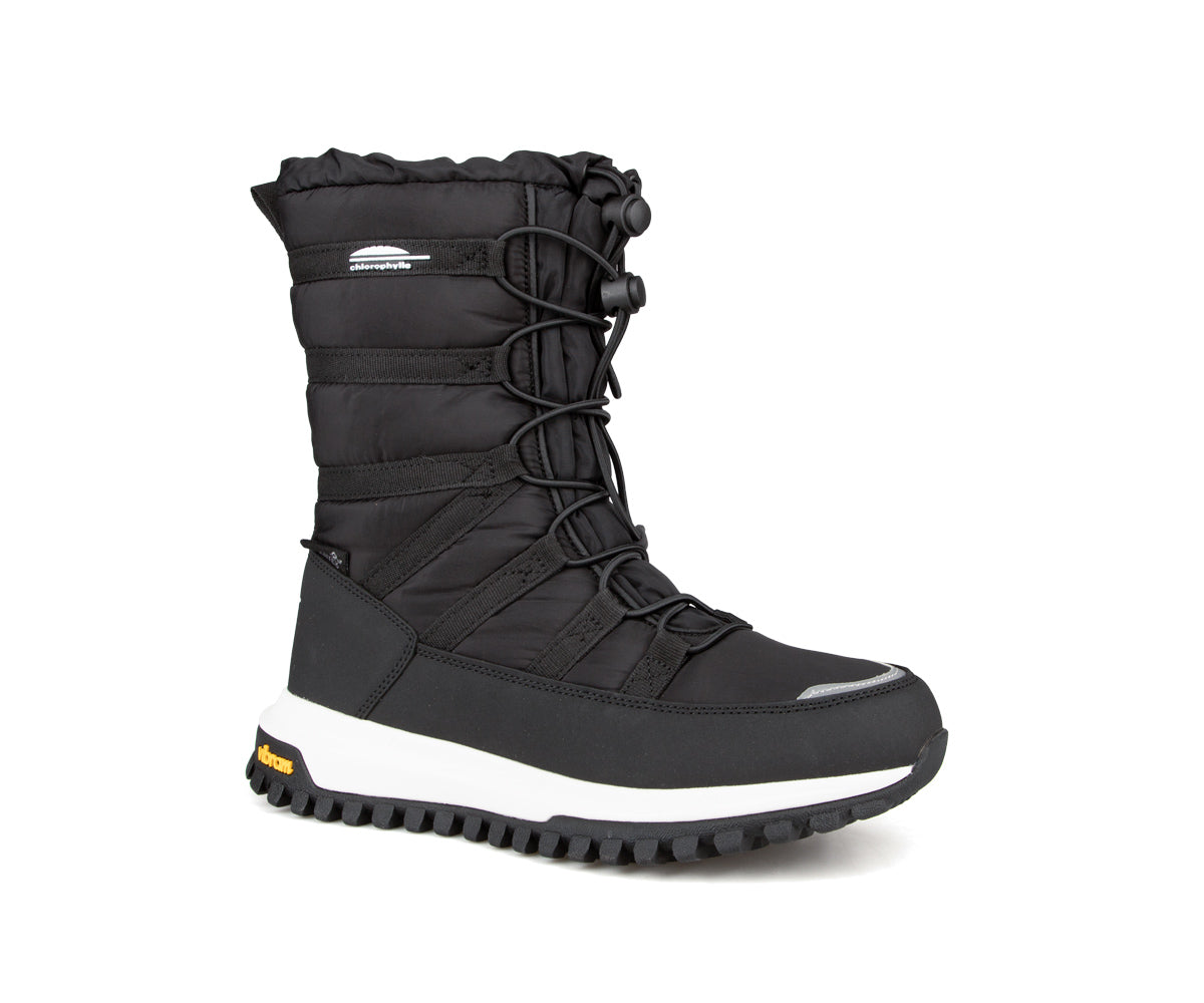 Botte d'hiver Chlorophylle NIVALYS pour femmes, noire, vue de trois quarts avec laçage à cordon