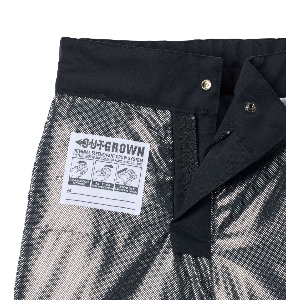 Pantalon de neige Bugaboo IV de Columbia pour garçons, noir, détail de la taille et du système Outgrown