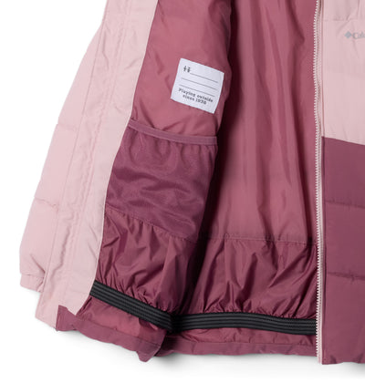 Manteau d'hiver Arctic Blast de Columbia pour filles junior, rose, détail de l'intérieur et de la jupe pare-neige