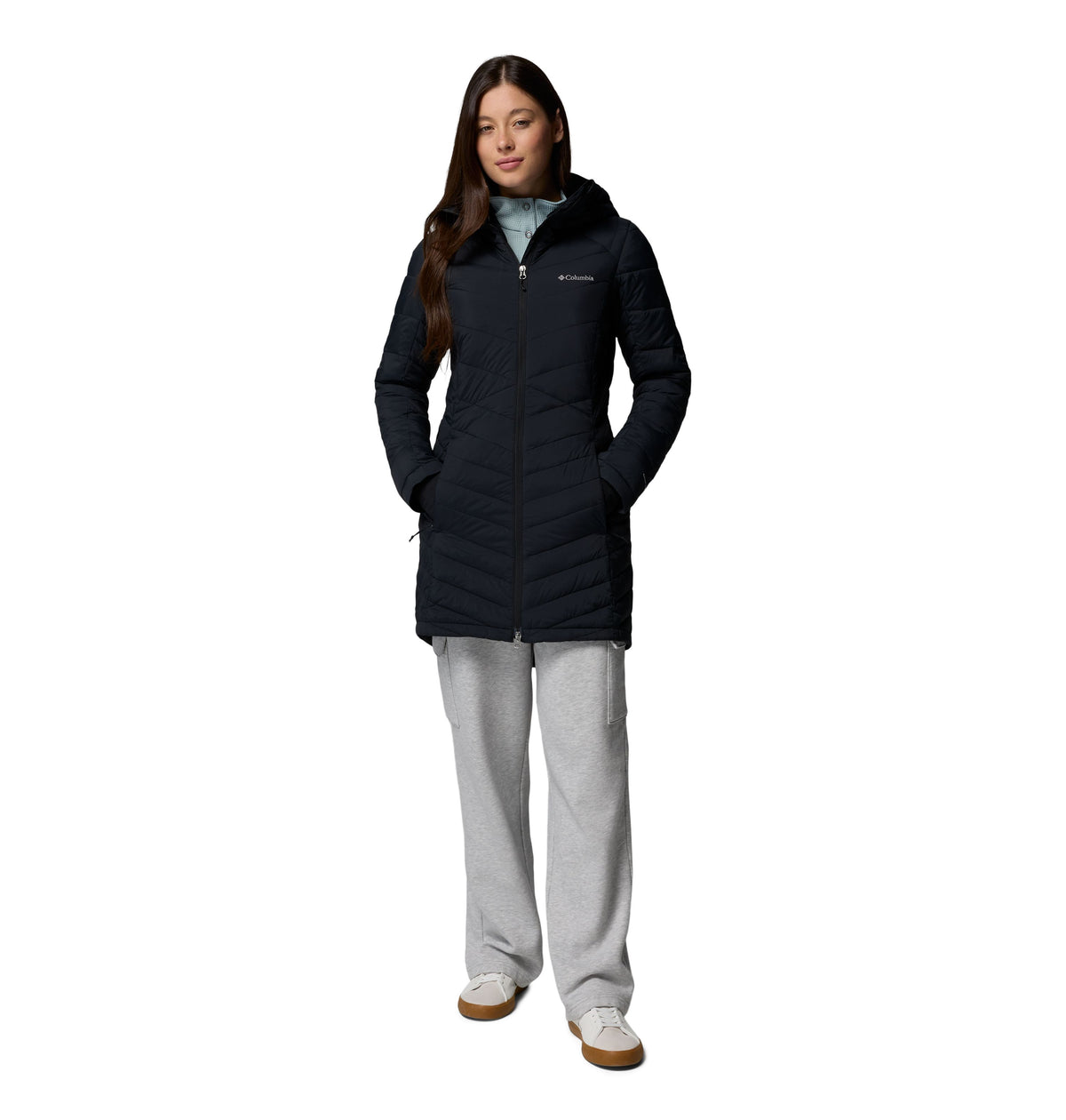 Manteau mi-long Joy Peak II Mid de Columbia pour femmes, noir, porté de trois quarts