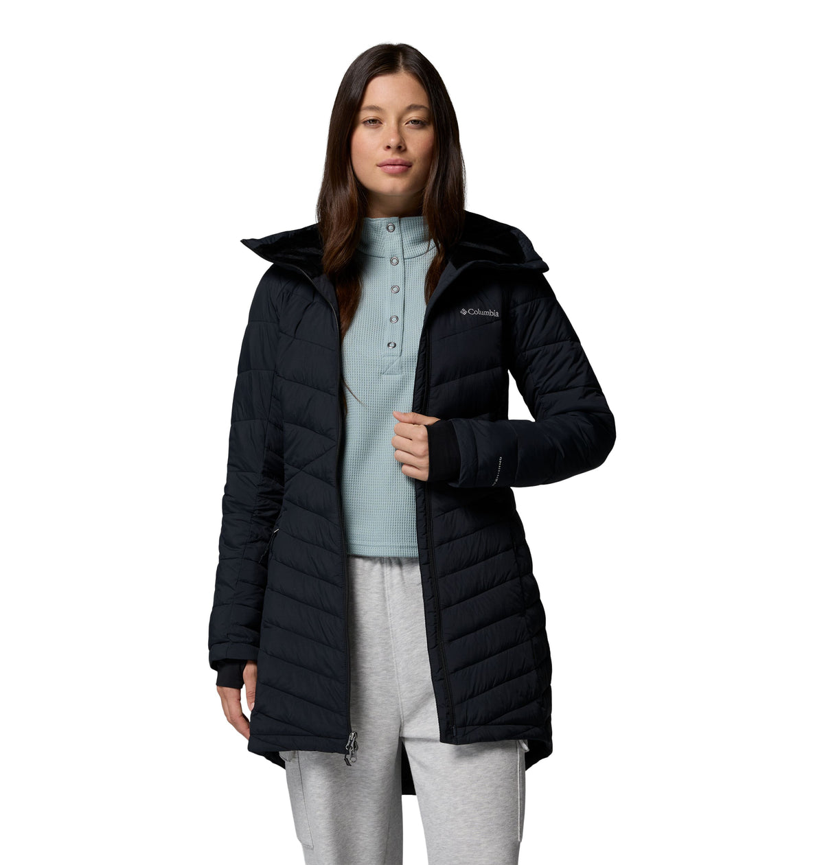 Manteau mi-long Joy Peak II Mid de Columbia pour femmes, noir, porté ouvert, vue de face