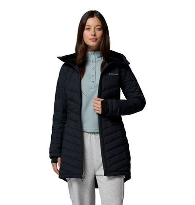Manteau mi-long Joy Peak II Mid de Columbia pour femmes, noir, porté ouvert, vue de face