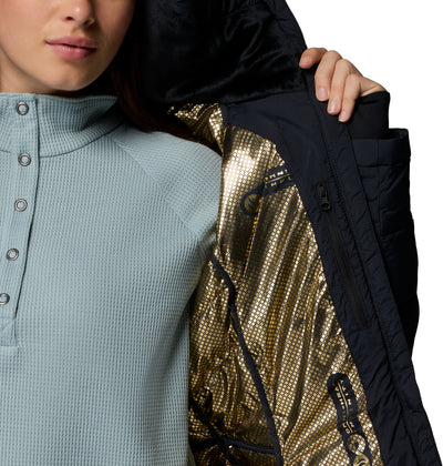 Manteau mi-long Joy Peak II Mid de Columbia pour femmes, noir, détail de la doublure Omni-Heat Infinity à points dorés