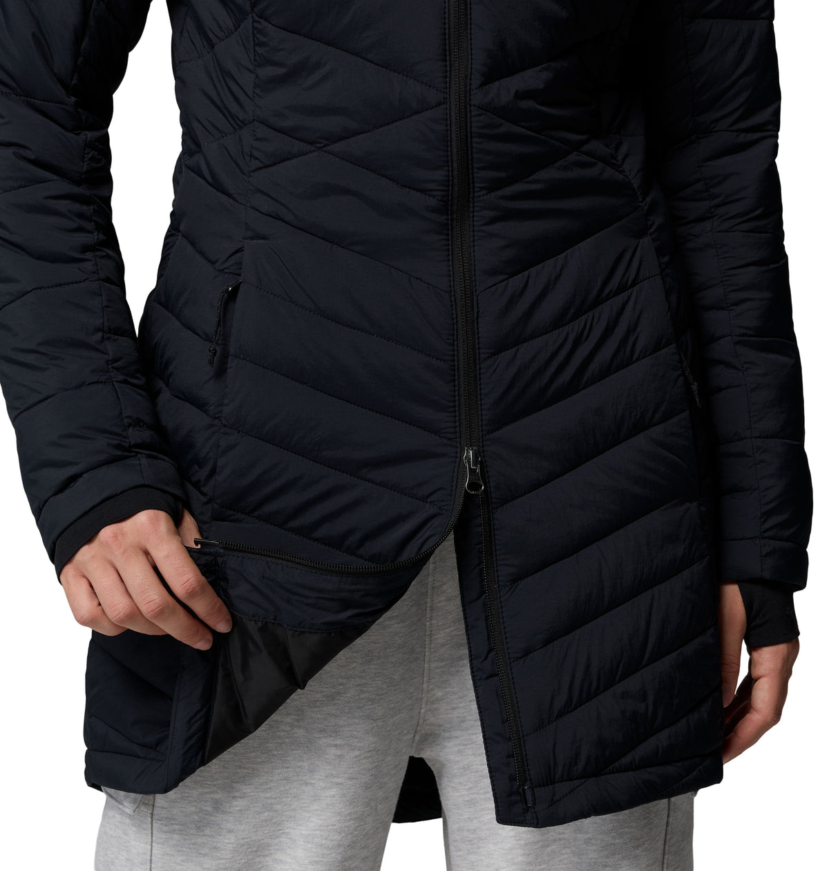 Manteau mi-long Joy Peak II Mid de Columbia pour femmes, noir, détail de la fermeture à double sens et de la poche