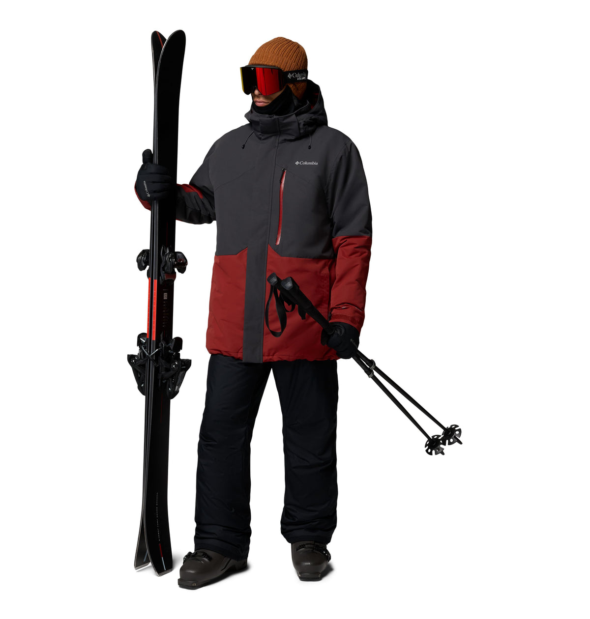 Manteau de ski Last Tracks III de Columbia pour hommes, noir et rouge, porté avec des skis