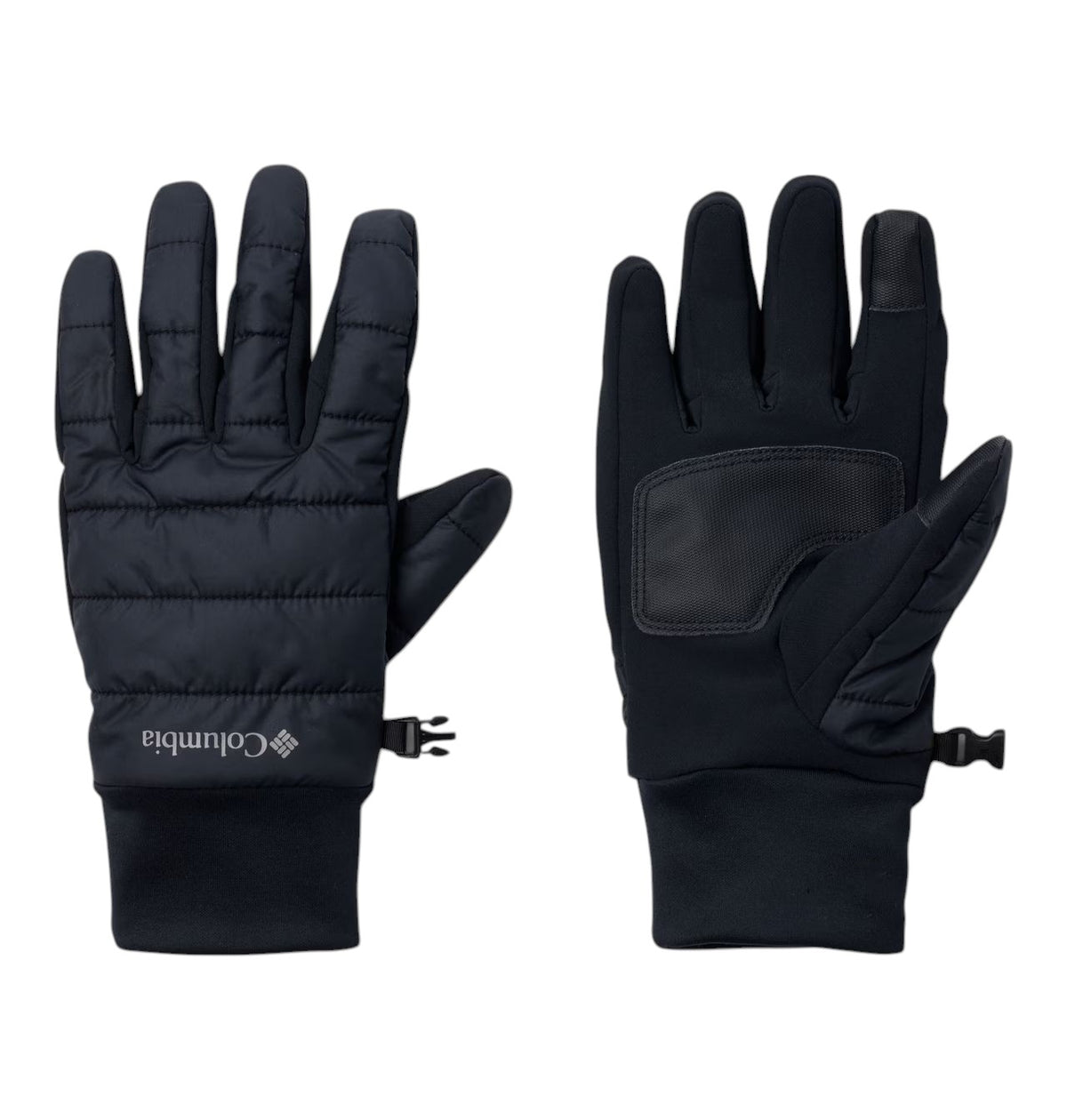 Gants Columbia Powder Lite II pour hommes, noirs, vue du dessus de la main matelassée avec logo Columbia et de la paume