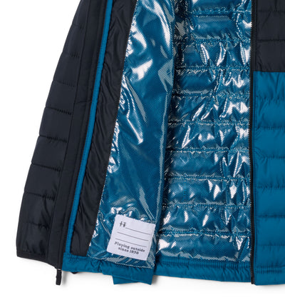 Manteau matelassé Powder Lite II Hooded de Columbia pour garçons, noir et bleu, détail de la doublure Omni-Heat Reflective