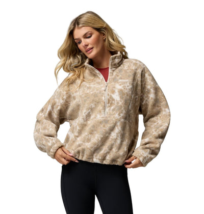 Chandail polar Columbia Timber Meadow pour femmes, beige à motif, vu de face, demi-fermeture éclair