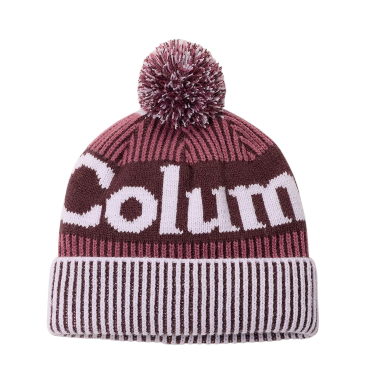 Tuque à pompon Columbia Polar Powder III pour enfants, mauve, vue de face avec grand logo Columbia et revers côtelé