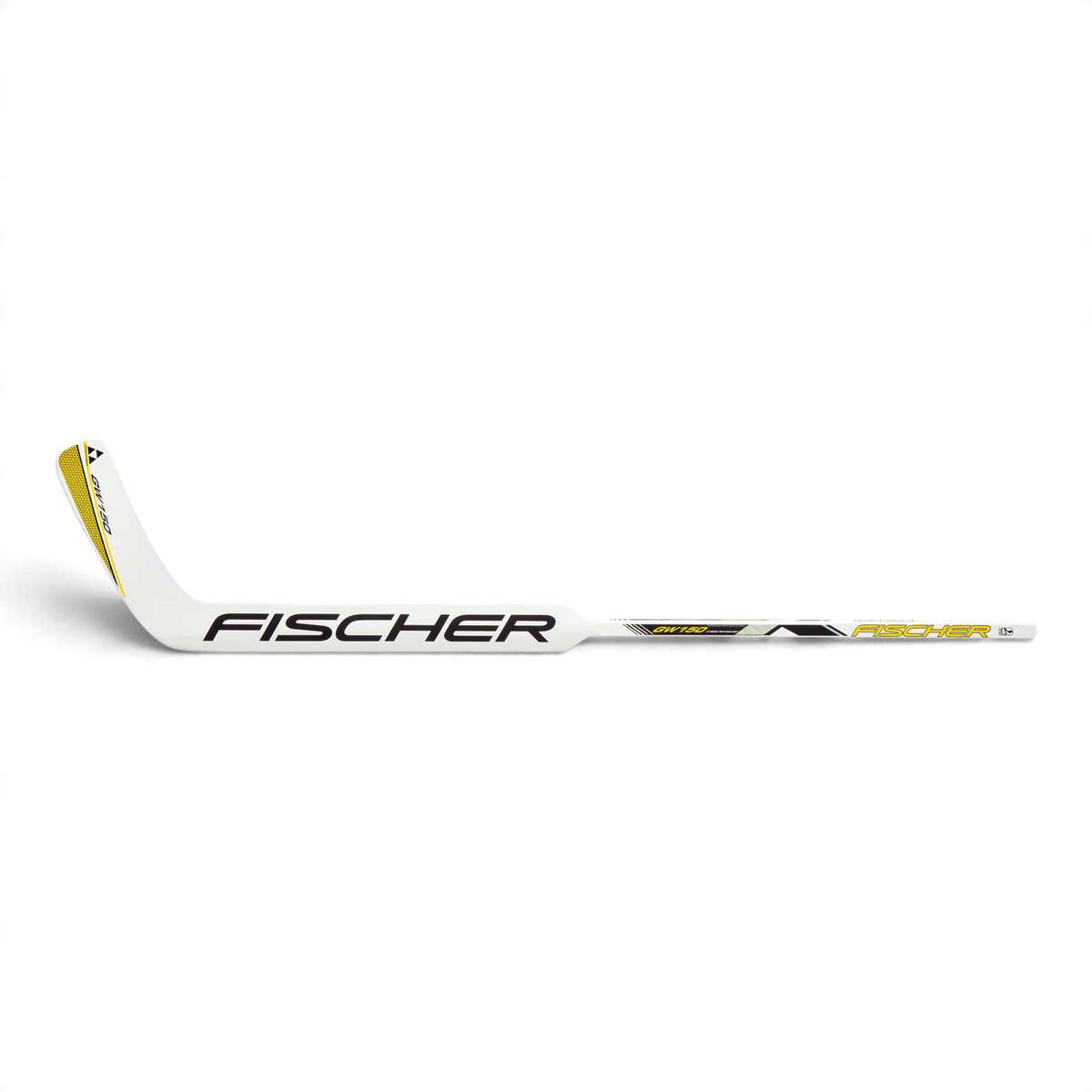 Bâton de gardien de but Fischer GW150, palette blanche et jaune avec le logo Fischer, vue de côté