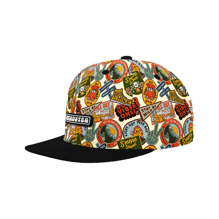 Casquette snapback Headster Outdoor Patches pour garçons juniors, motif d’écussons de plein air, visière noire, vue de côté
