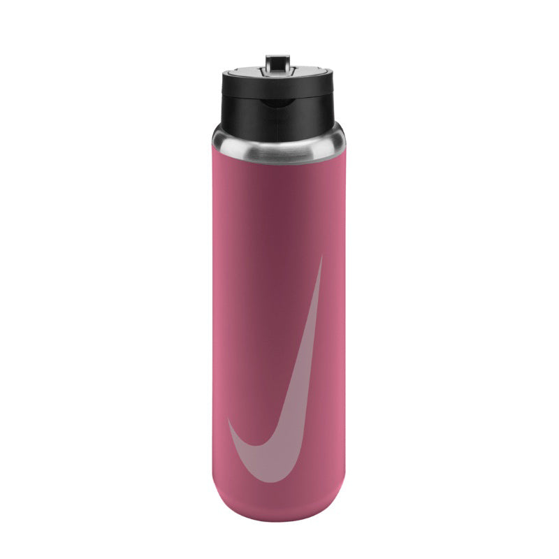 Bouteille d’eau isolée Nike Recharge Straw 24 oz rose avec paille et logo Nike, vue de face
