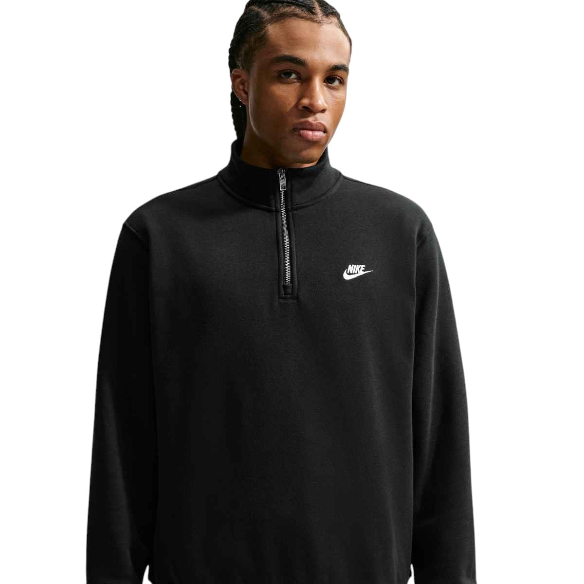 Chandail en molleton Nike Sportswear Club noir pour hommes avec demi-fermeture éclair, vue de face