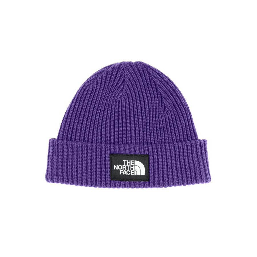 Tuque North Face Salty Lined Beanie pour garçons, mauve, vue de face avec étiquette logo tissée sur le revers