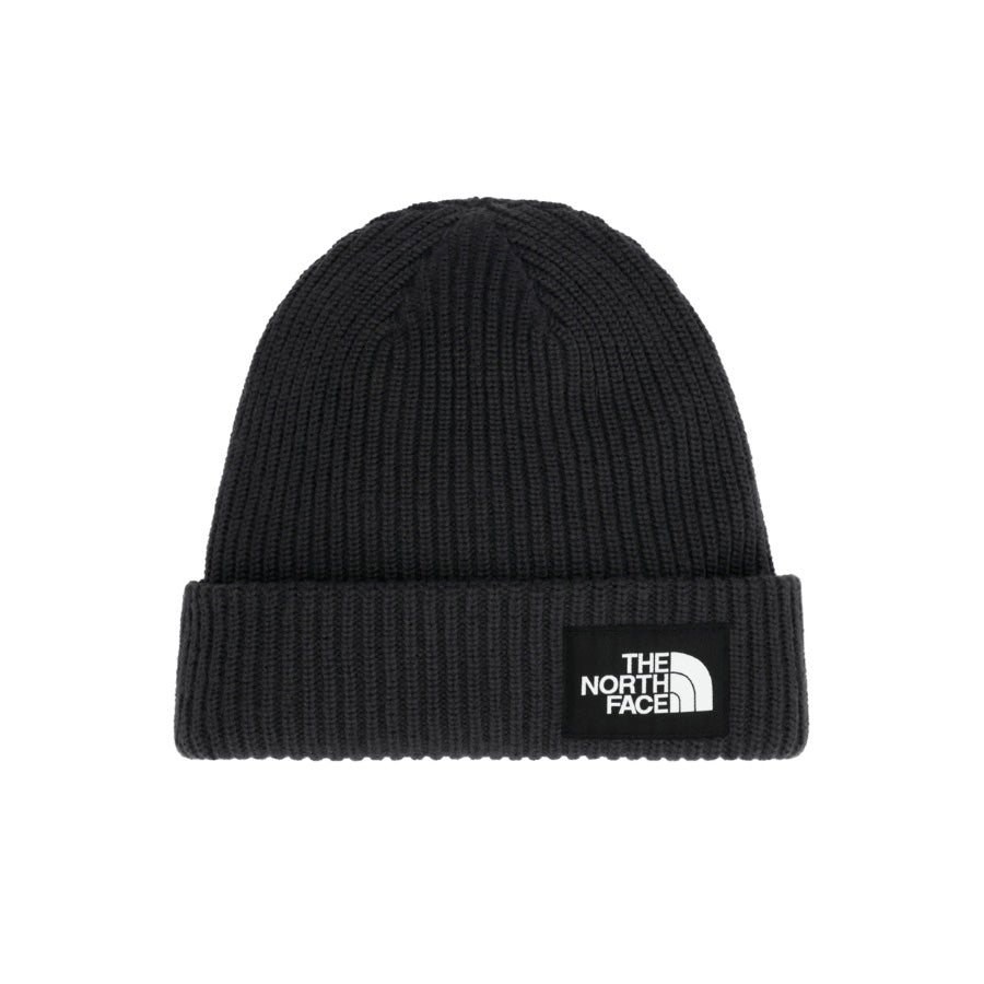 Tuque North Face Salty Lined Beanie pour garçons, noire, vue de face avec étiquette logo tissée sur le revers
