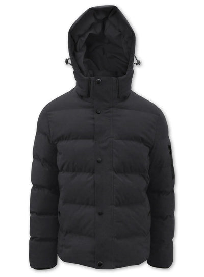 Manteau matelassé Puffer de Point Zero pour hommes, noir, vue de face avec le capuchon