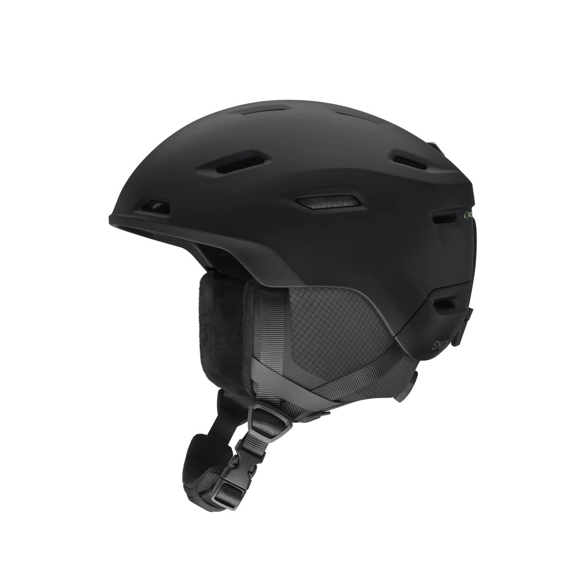 Casque de ski Smith Descend pour adultes, noir, vue de côté avec bouches d'aération, logo Koroyd et jugulaire