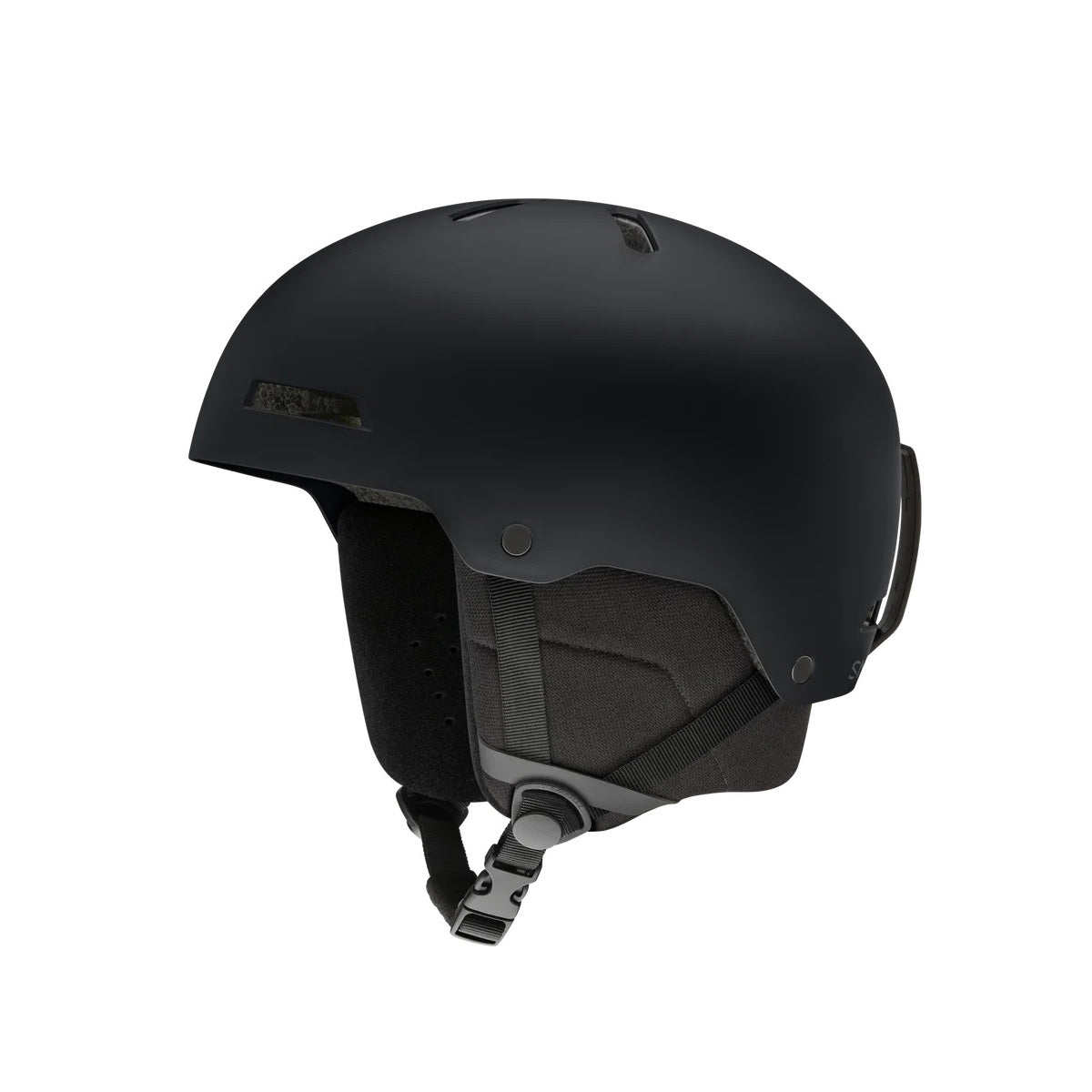 Casque de ski Smith Rodeo pour adultes, noir, vue de côté avec jugulaire et protège-oreilles