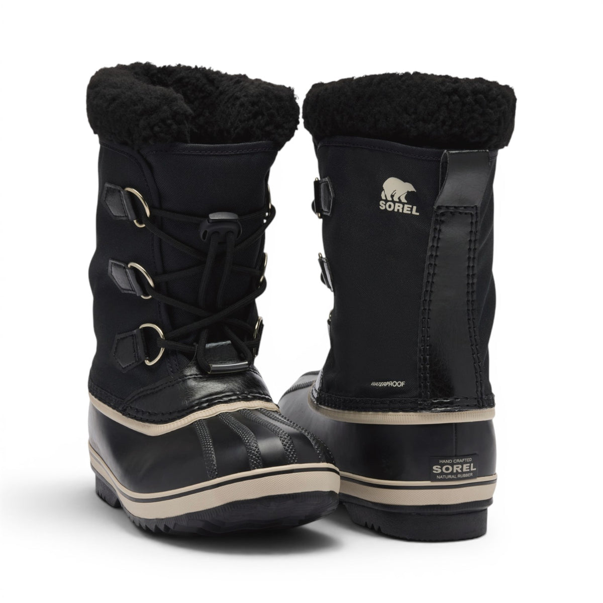 Paire de bottes d’hiver Sorel Yoot Pac Nylon pour garçons, noires, vue de face et de dos