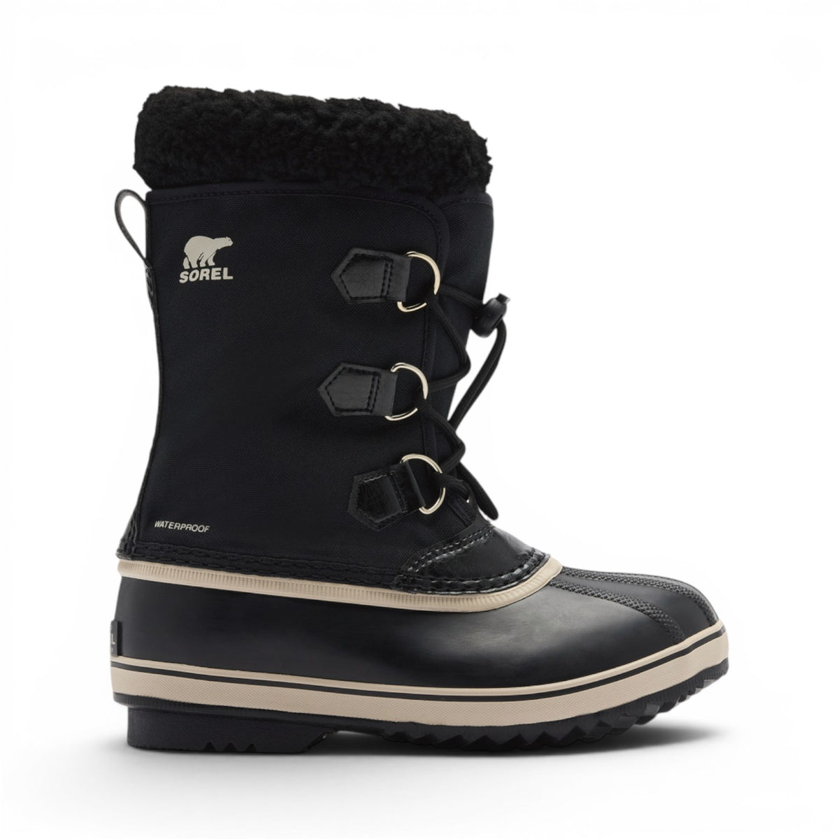 Bottes d’hiver Sorel Yoot Pac Nylon pour enfants, noires, vue de trois quarts avec revers en sherpa