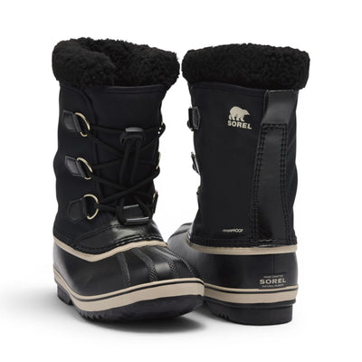 Paire de bottes d’hiver Sorel Yoot Pac Nylon pour enfants, noires, vue de face et de dos