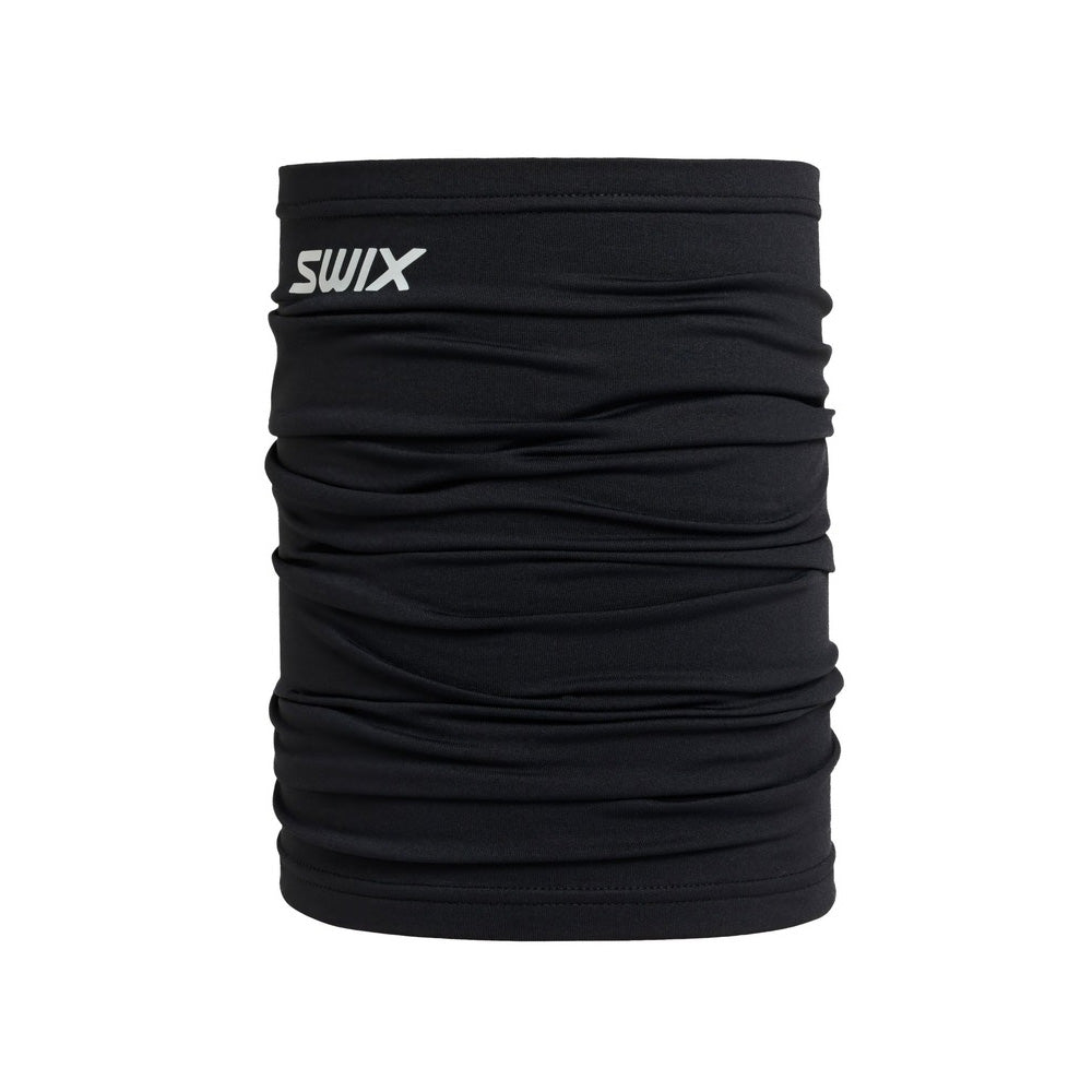 Cache-cou de ski de fond Tista Neck Warmer Swix pour adultes noir, vue de face avec logo Swix